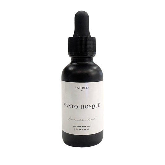 Santo Bosque Botanical Body Oil in glass bottle forest inspired herbal skincare Sacred PHX